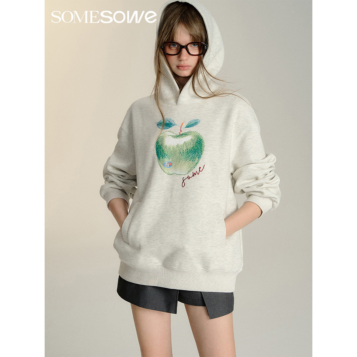 SomeSowe Green Apple Printed Hoodie Light Gray