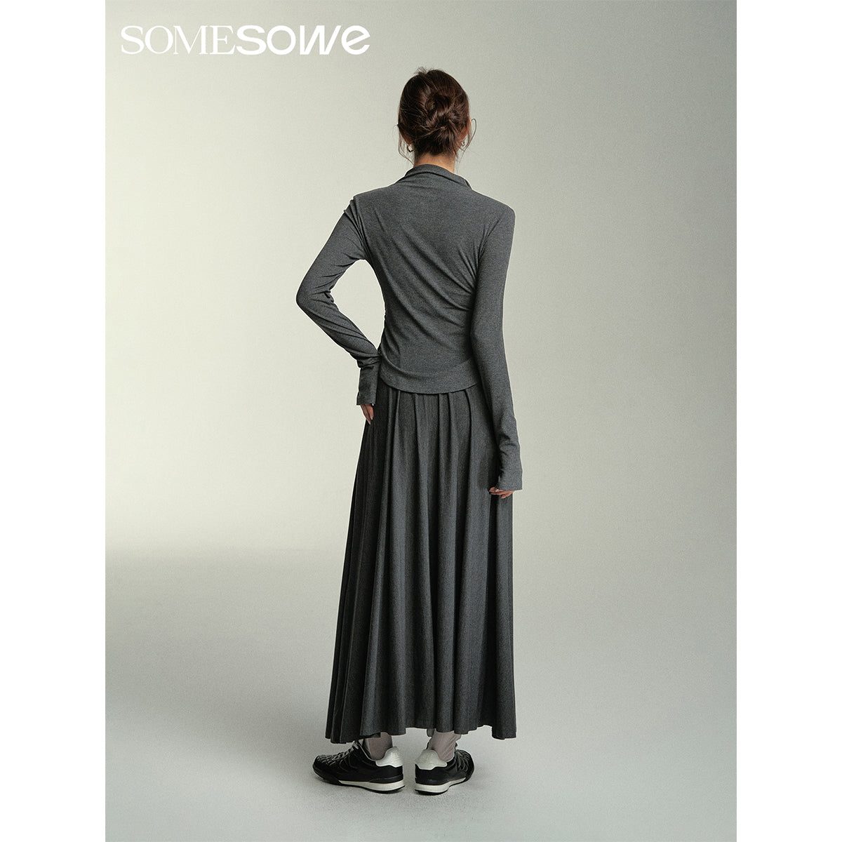 SomeSowe Wide A-Line Pleated Long Skirt Gray