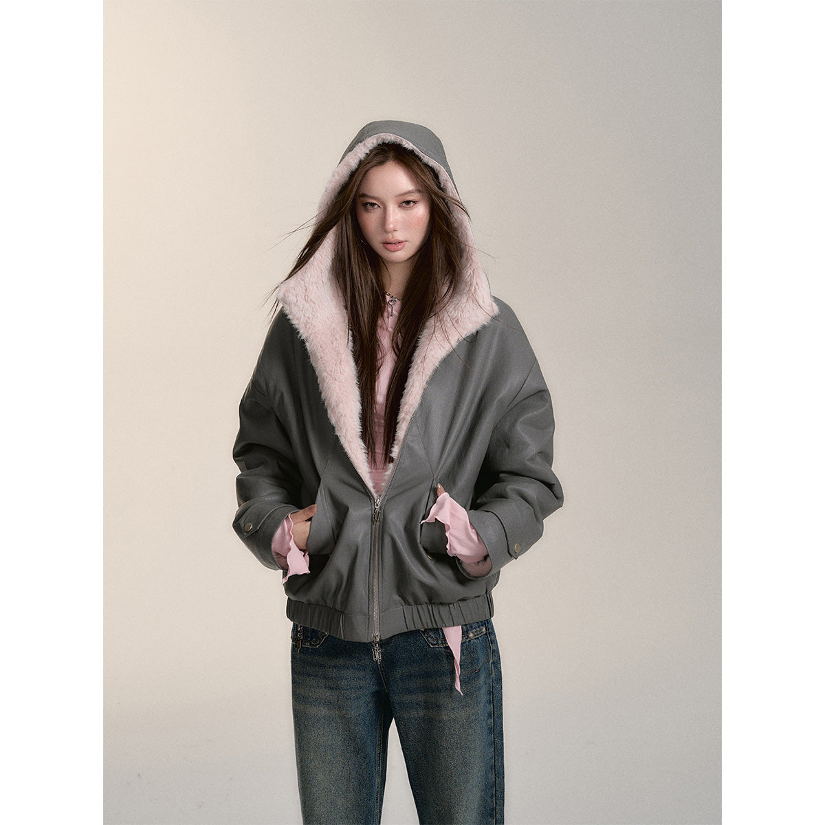 Via Pitti Heavy Eco-Fur Pu Leather Jacket Gray