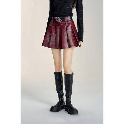 MacyMccoy Retro A-Line Pleated Leather Skirt Red