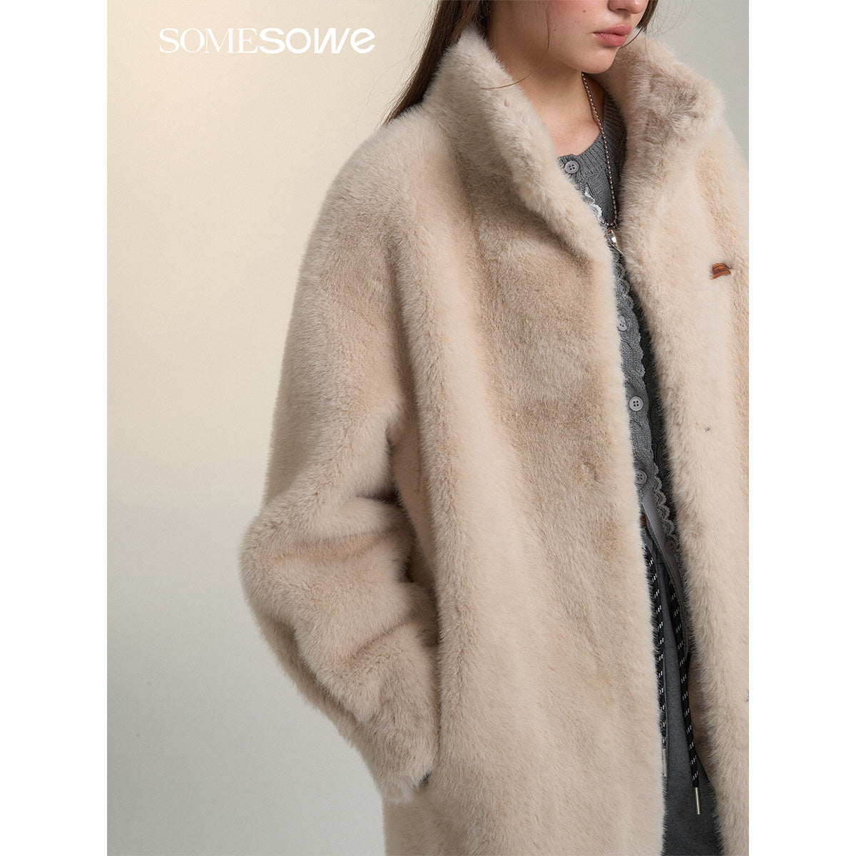 SomeSowe Fluffy Faux Mink Teddy Coat Beige