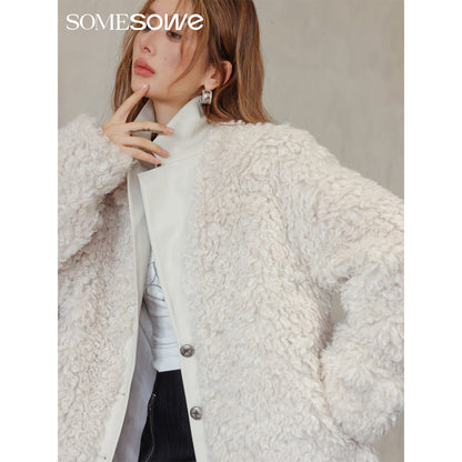 SomeSowe Leather Integrated Furry Jacket Cream