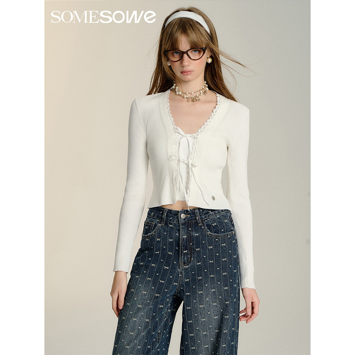 SomeSowe Bow Lace Up V-Neck Cardigan White