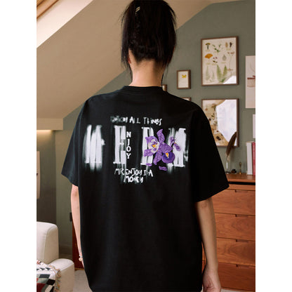 MEDM Mottled Logo Floral Embroidery Tee Black