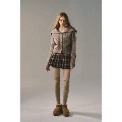 Via Pitti Rivet Suede Leather Patchwork Pleated Plaid Skirt Brown