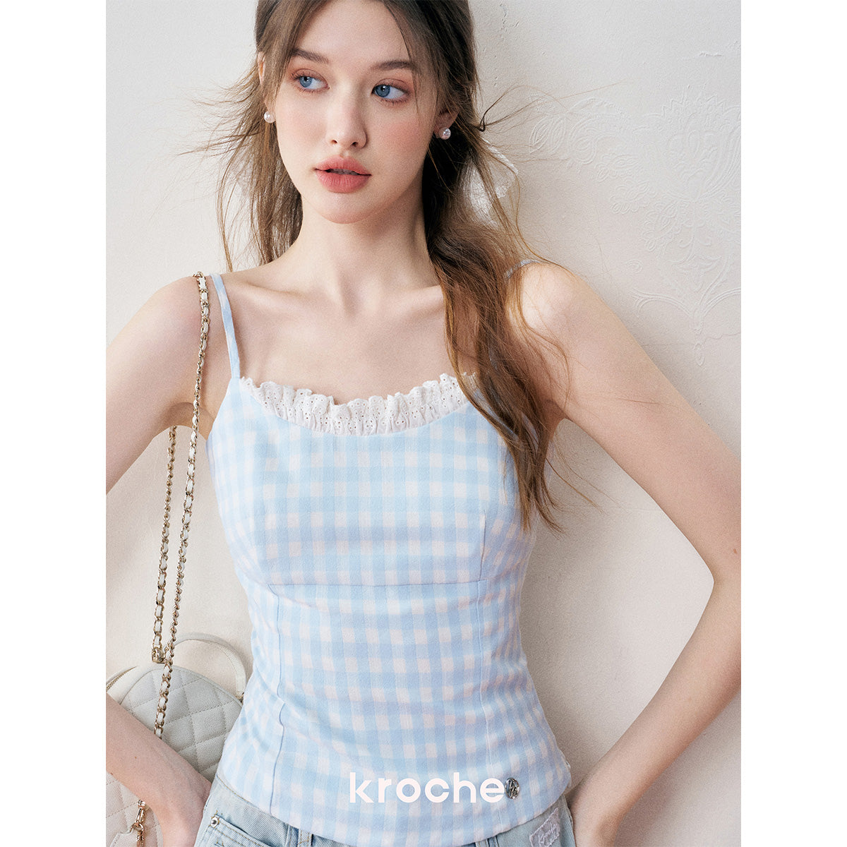 Kroche Plaid Lace Edge Patchwork Vest Blue