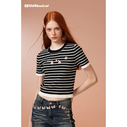 Wildshadow 3D Flower Striped Knit Top Black