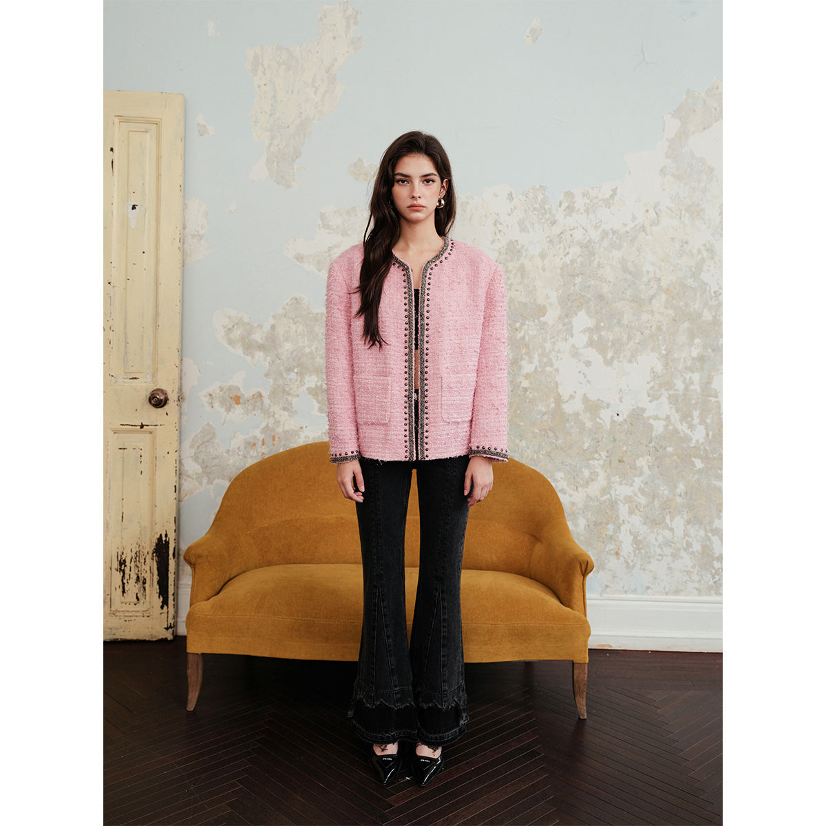 Rocha Roma Color Blocked Tweed Jacket Pink