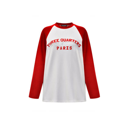 Three Quarters Color Blocked Rhinestone Logo L/S Tee Red