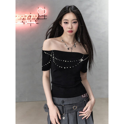 Via Pitti Pearl Bow-Knot Off Shoulder Knit Top Black