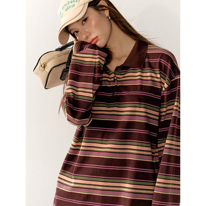 AsGony Striped Lapel Casual L/S T-Shirt Purple