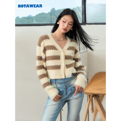 NotAwear Color Blocked Striped Knit Cardigan Brown