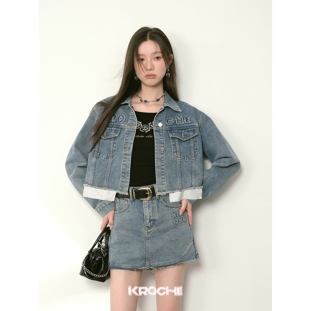 Kroche Destroy Logo Embroidery Short Denim Jacket Blue