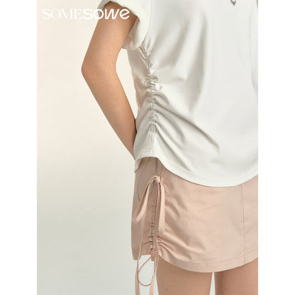 SomeSowe Pearl Necklace Printed Drawstring T-Shirt White