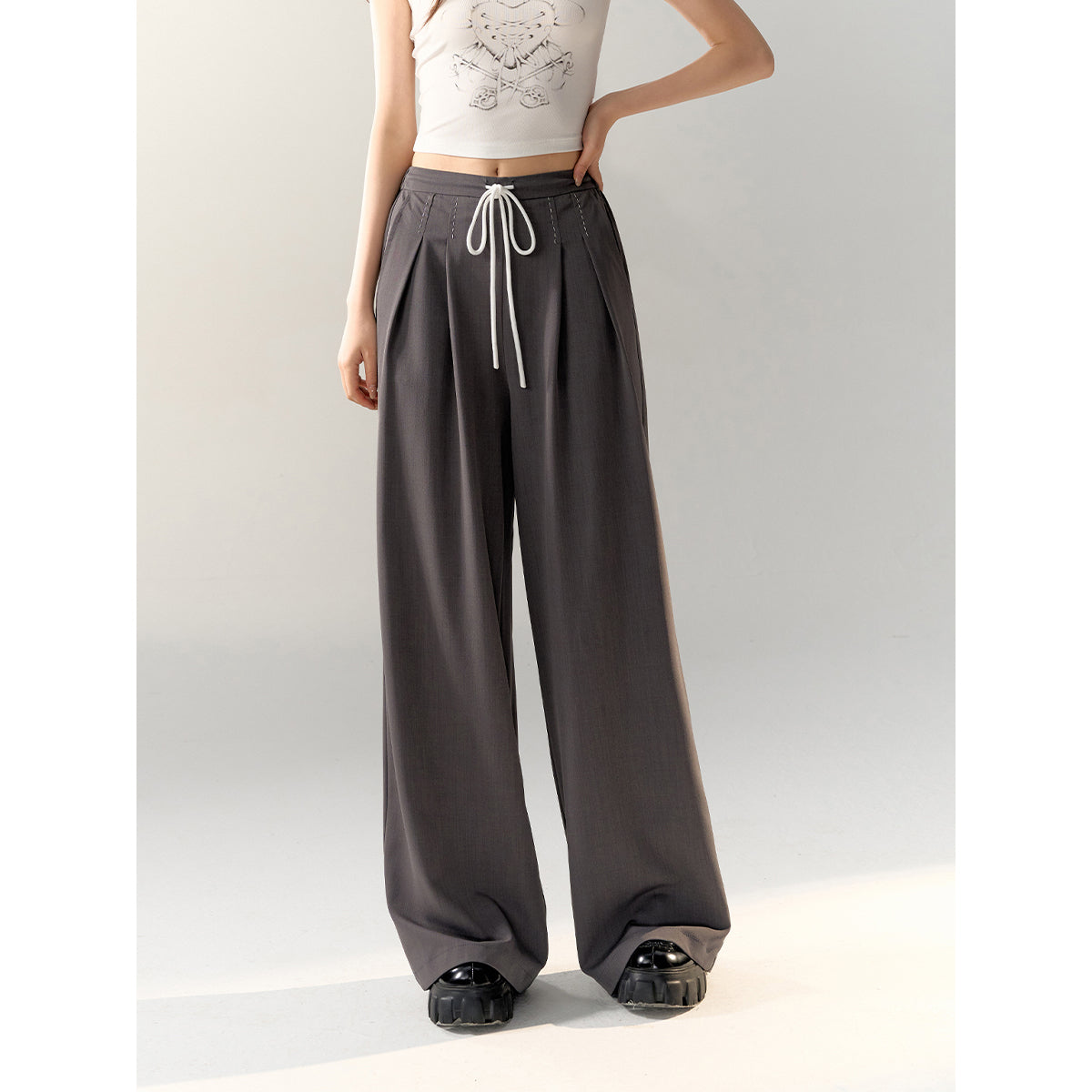 AsGony Stitching Drawstring Wide-Leg Suit Pants Gray