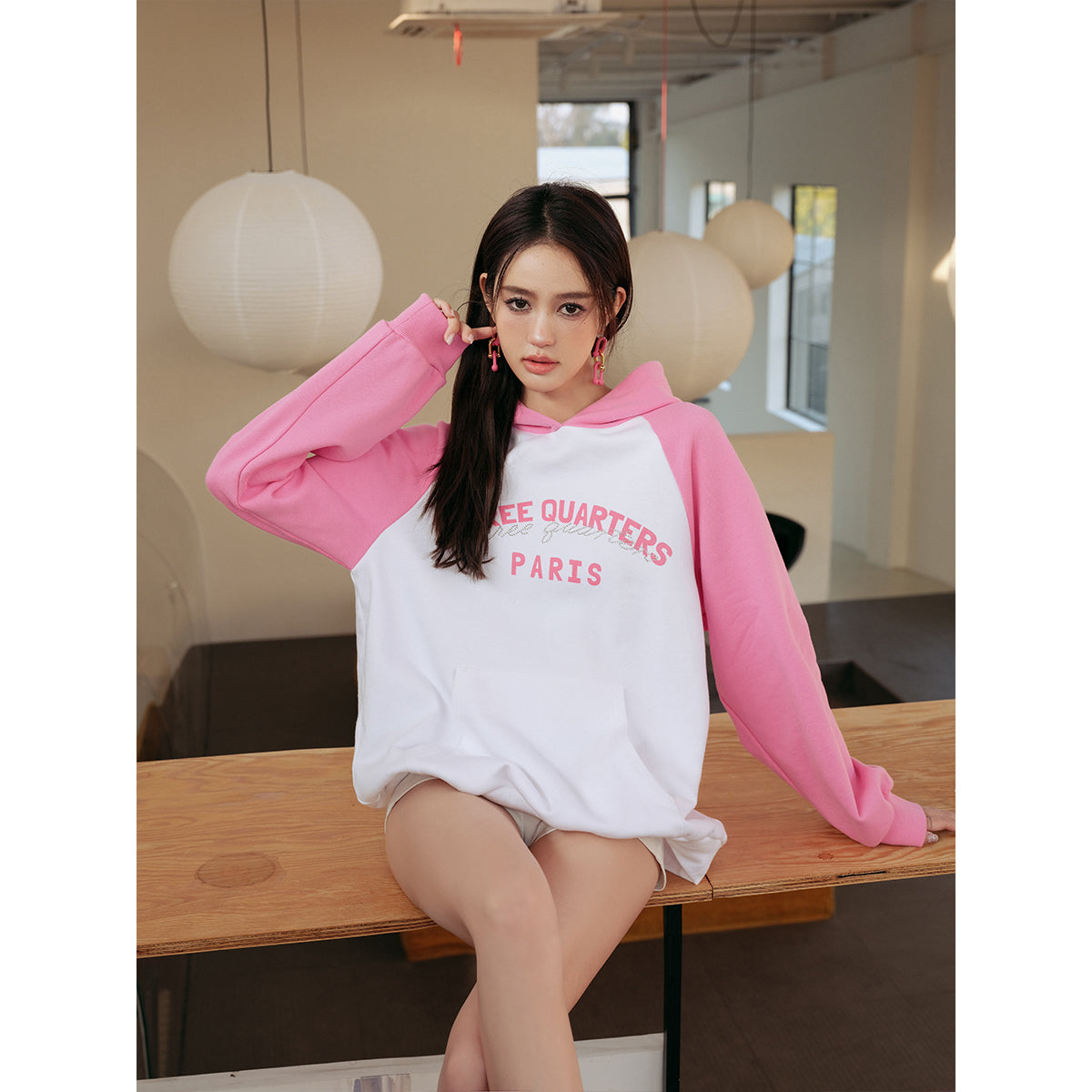 Three Quarters Rhinestone Printed Logo Hoodie Pink