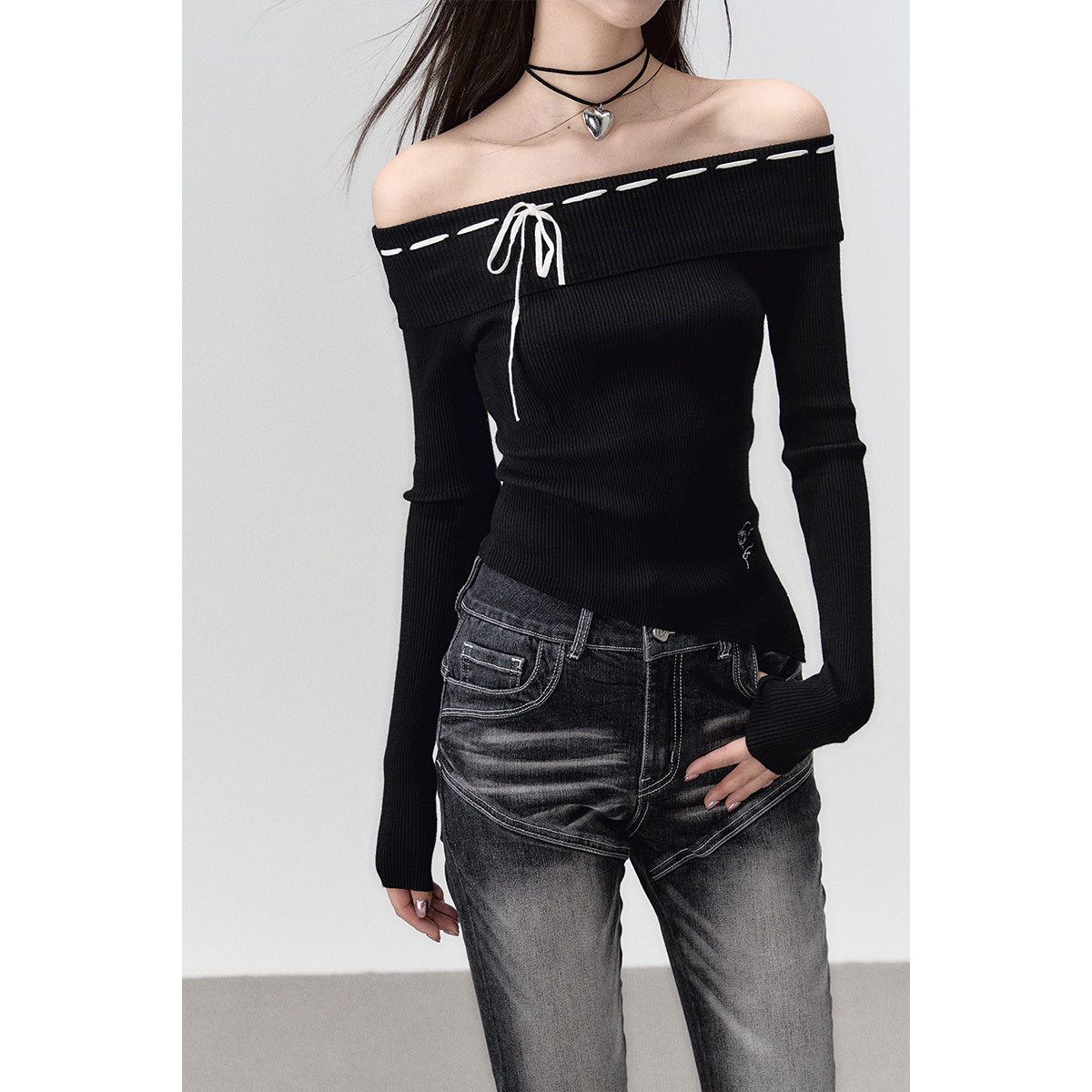 Via Pitti Drawstring Off Shoulder Knit Top Black