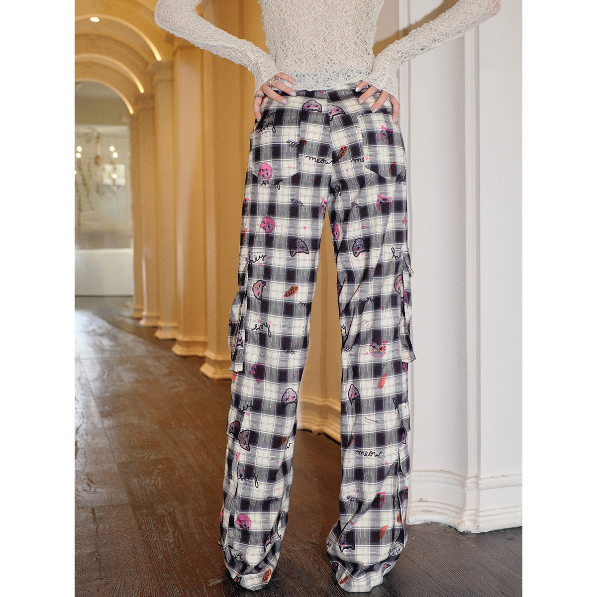 MeliMosa Kitty Printed Plaid Pocket Pants