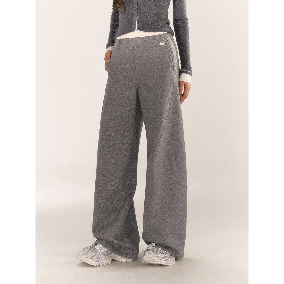 AsGony Contrast Color Elastic-Waist Casual Pants Gray