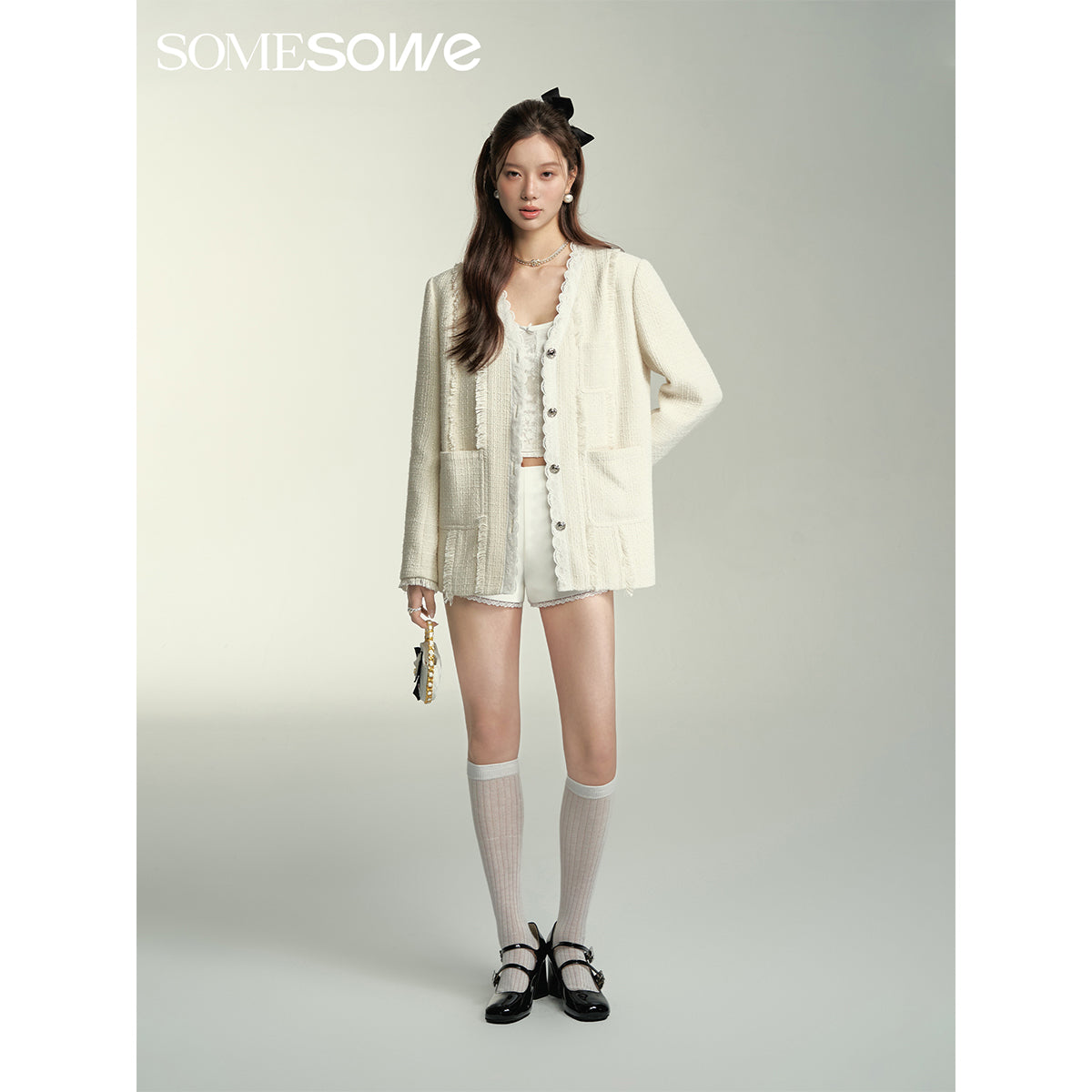 SomeSowe Lace Edge V-Neck Tassel Blazer White