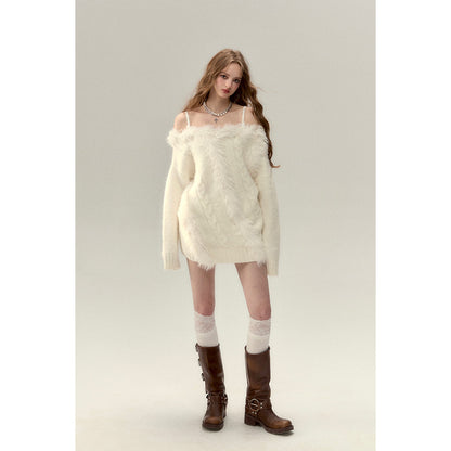 Via Pitti Off Shoulder Fur Integrated Knit Sweater White