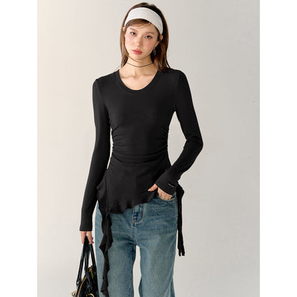 AsGony Irregular Ribbon Waisting Slim Top Black