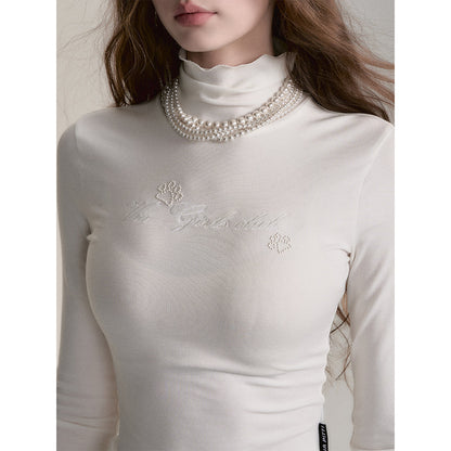 Via Pitti Logo Embroidery Pearl High Collar Slim Top White