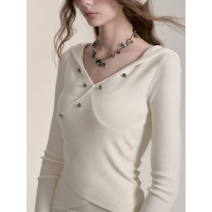 Via Pitti Irregular Button Hooded Woolen Top White