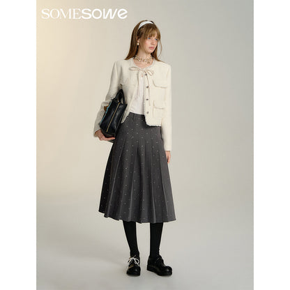 SomeSowe Bow Sequin Pleated Long Skirt Gray