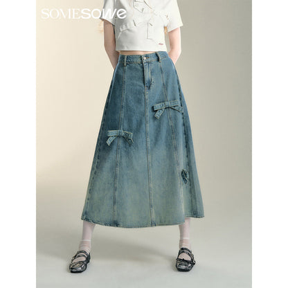 SomeSowe Gradient Stereo bow Denim Long Skirt