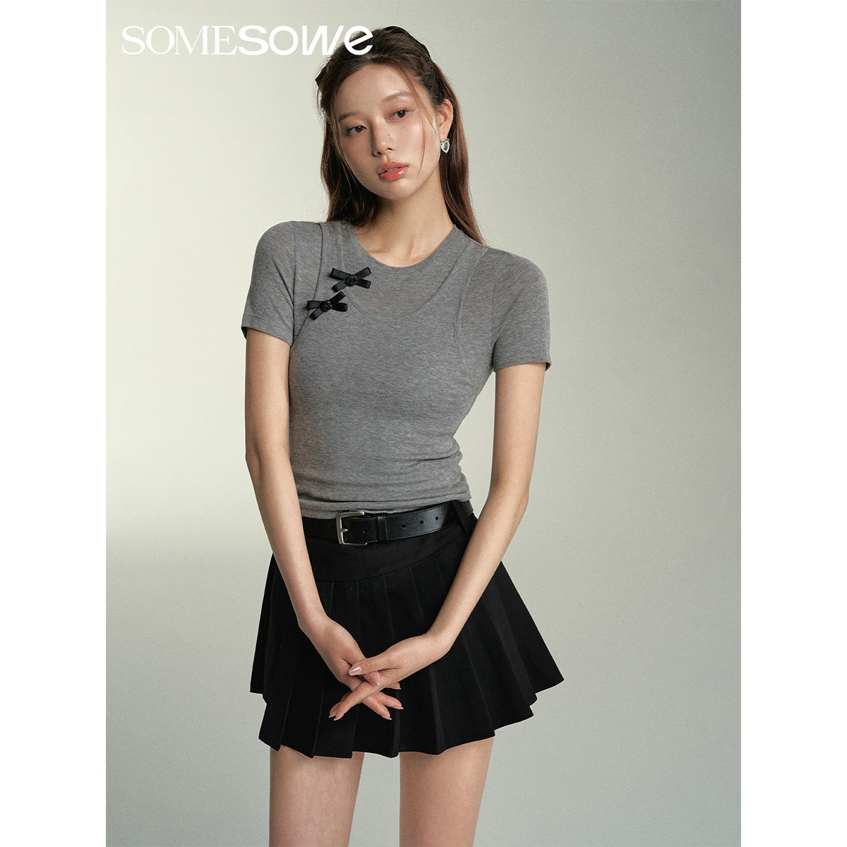 SomeSowe Fake-2-Piece Bow Tie Slim Top Gray