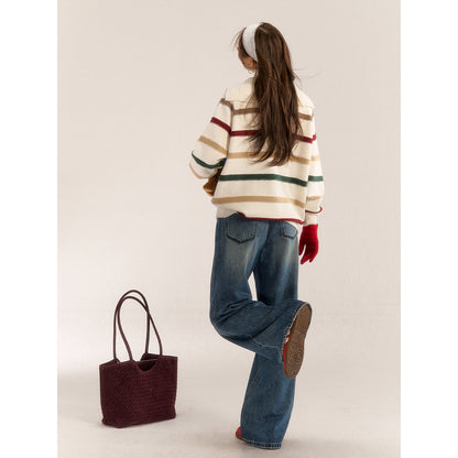 AsGony Contrast Color Striped Half-Zipped Woolen Knit Top