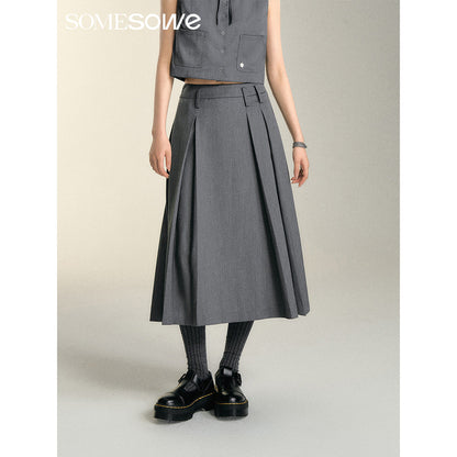 SomeSowe Asymmetrical Pleated Long Skirt Grey