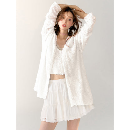 AsGony Lace Patchwork Knit Cardigan White