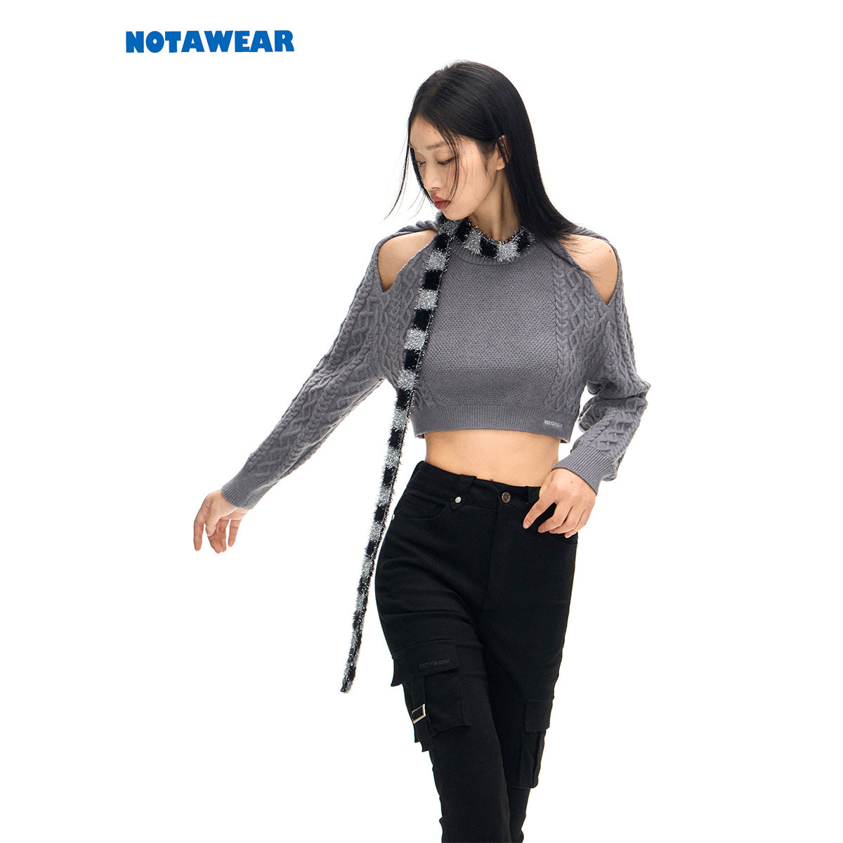 NotAwear Hollow Out Cutting Crop Knit Sweater Grey