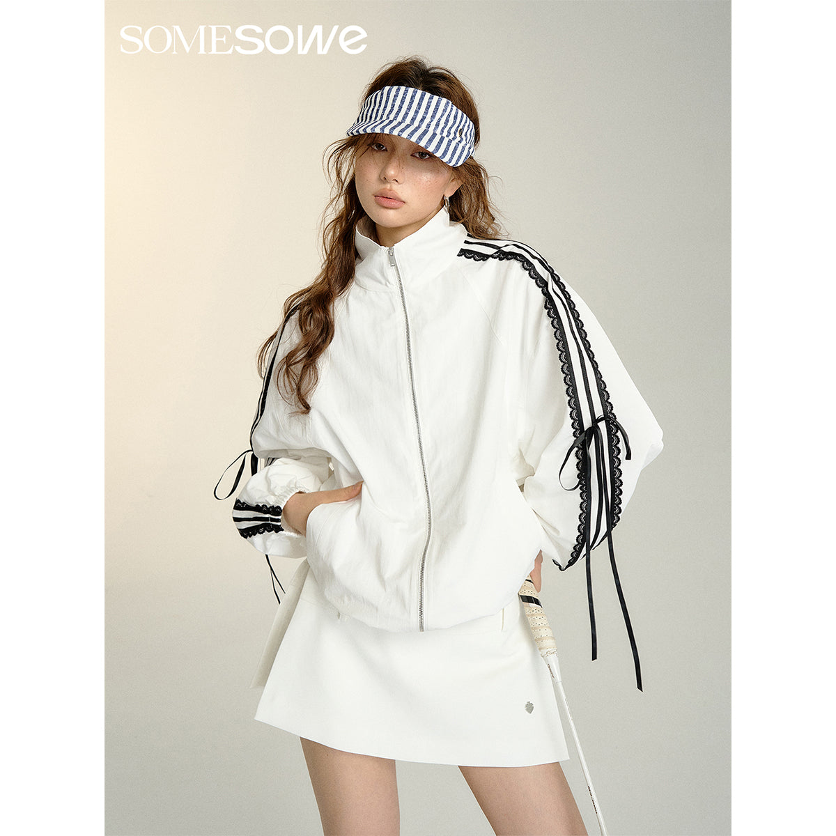 SomeSowe Lace Bow Lace Up Sports Jacket White