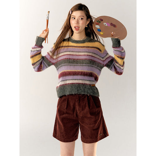 AsGony Contrast Color Striped Knit Sweater Purple