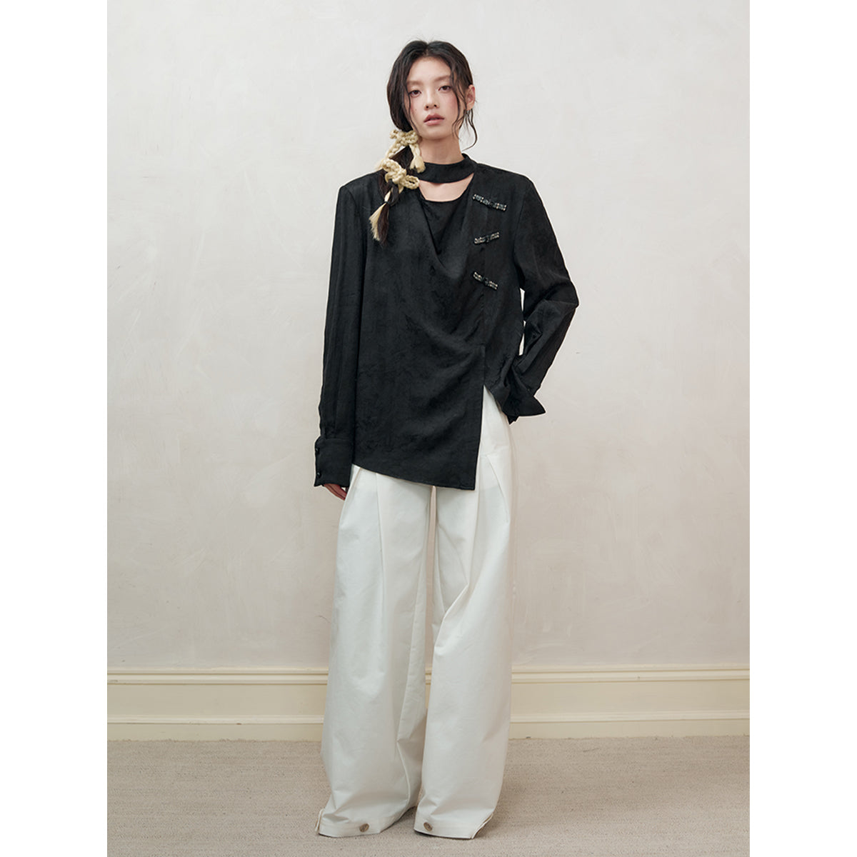 Anno Mundi Beaded Chinese-Style Jacquard Shirt Black