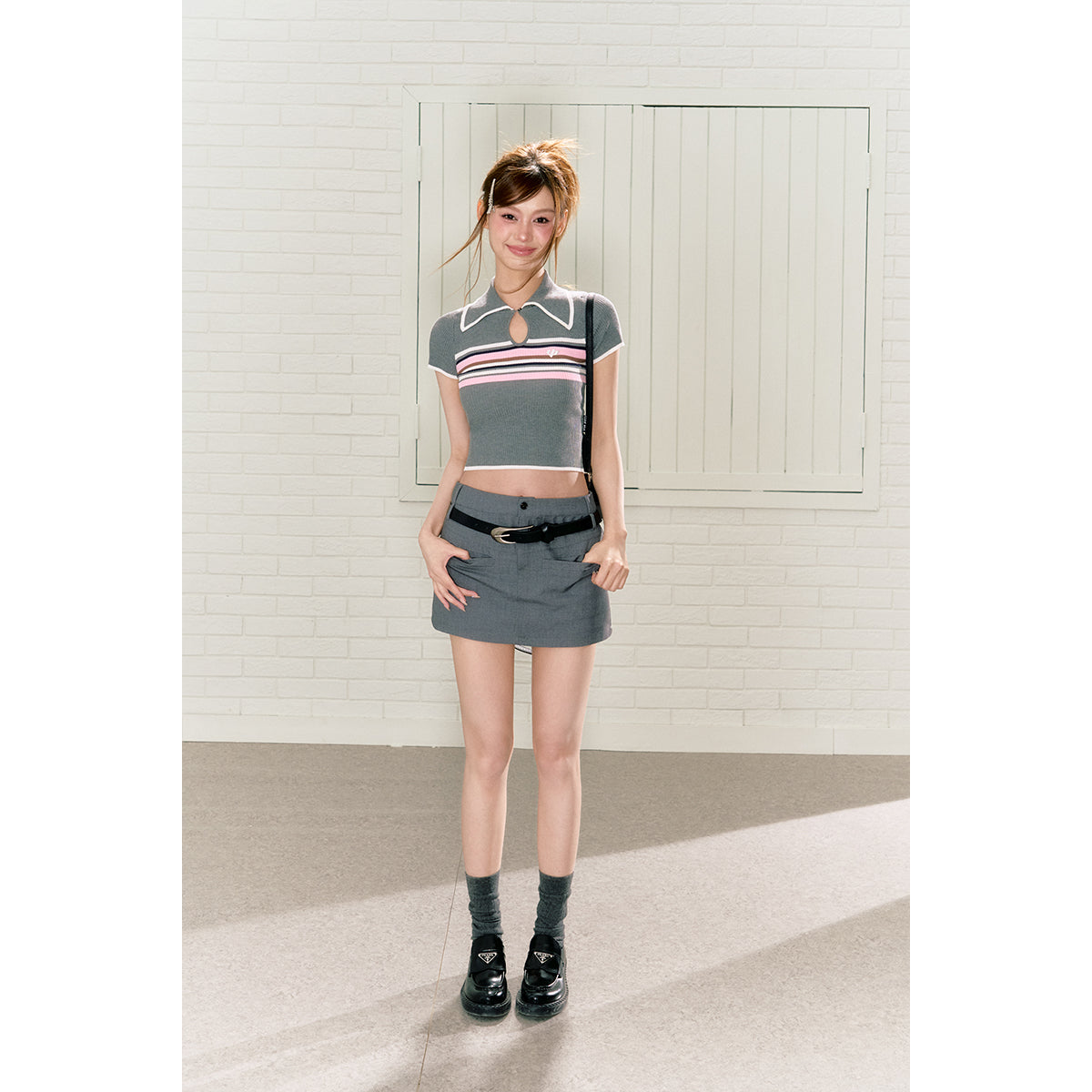 Via Pitti Color Blocked Striped Knit Crop Top Grey