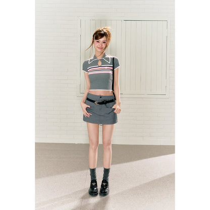 Via Pitti Color Blocked Striped Knit Crop Top Grey