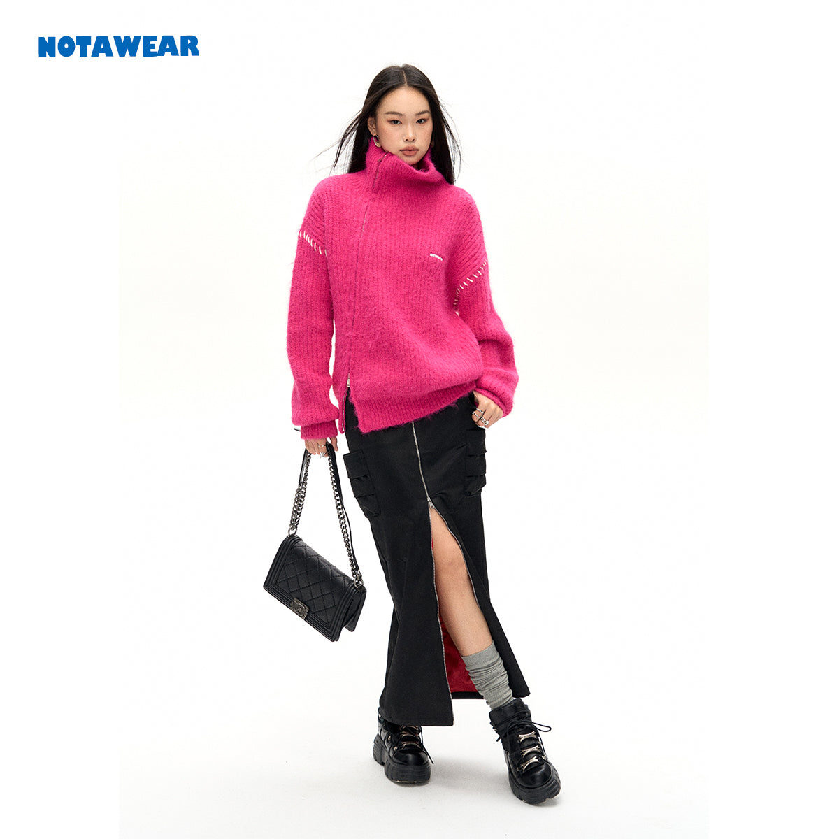 NotAwear Color Blocked Drawstring Zipper Knit Sweater Pink