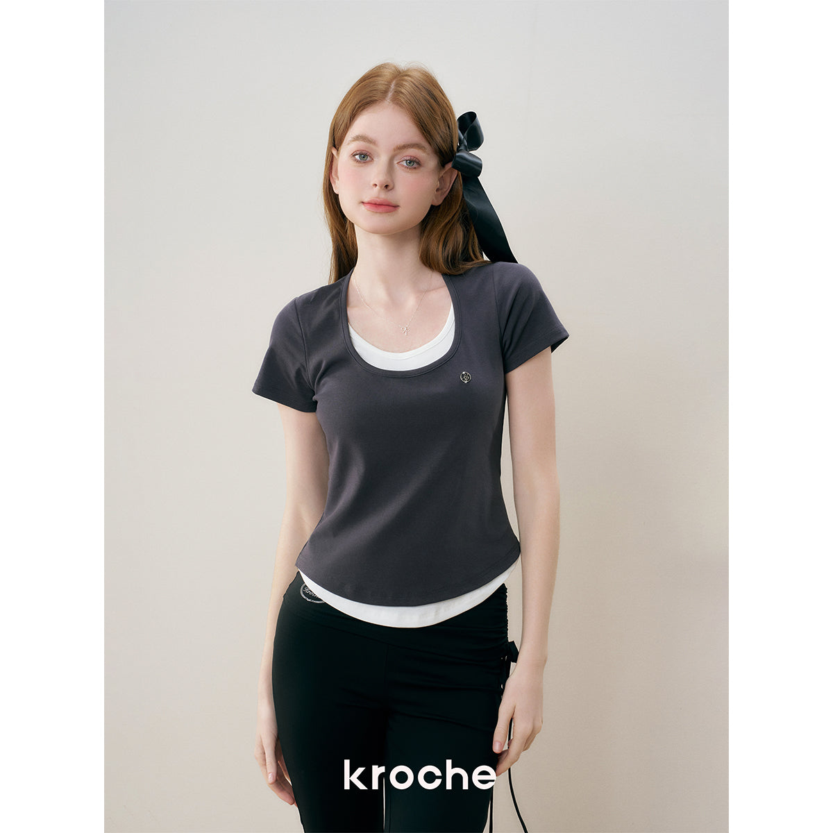 Kroche Fake-2-Piece Slim Fit Short Sleeved Top Gray