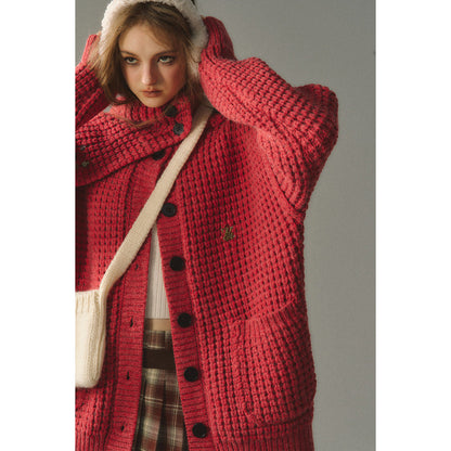 Via Pitti Waffle-Knit Cardigan Red