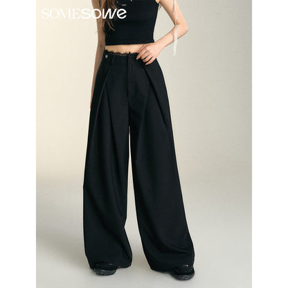 SomeSowe Lace Patchwork Pleated Suit Pants Black