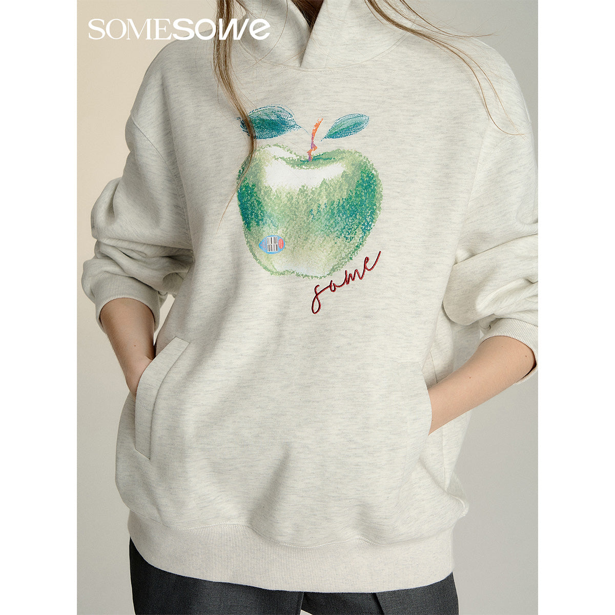 SomeSowe Green Apple Printed Hoodie Light Gray