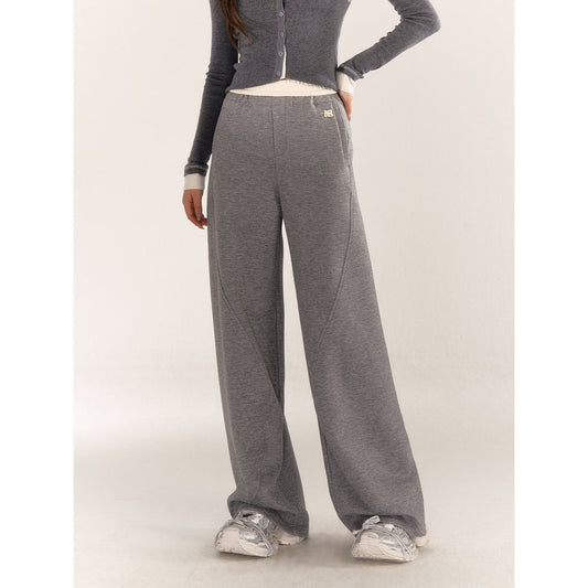 AsGony Contrast Color Elastic-Waist Casual Pants Gray