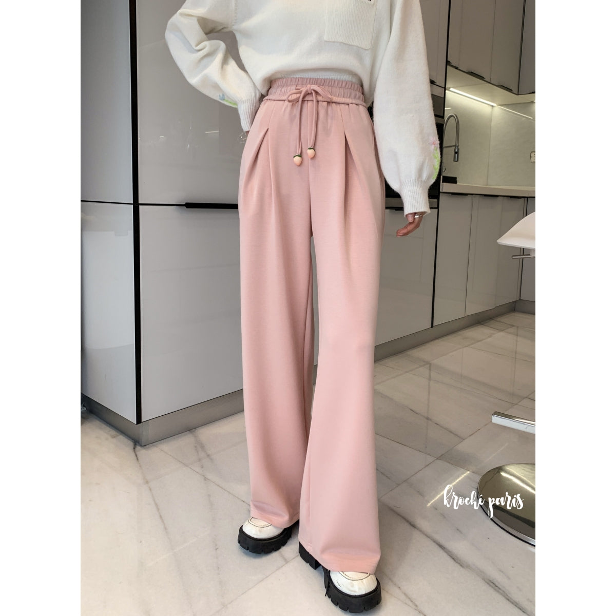 Kroche Peach Belt Wide Leg Pants Pink