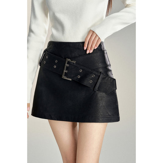 MacyMccoy Retro High-Waist Belt Leather Skirt Black