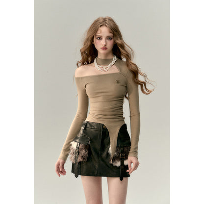 Via Pitti Chocker Neck Cut Out Asymmetrical Top Khaki