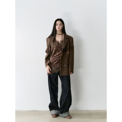 Via Pitti Heavy Lace Patchwork Irregular Slip Vest Brown